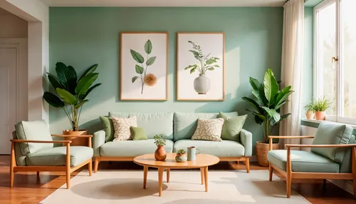 Modern light-filled living room painted in warm white and neutral tones